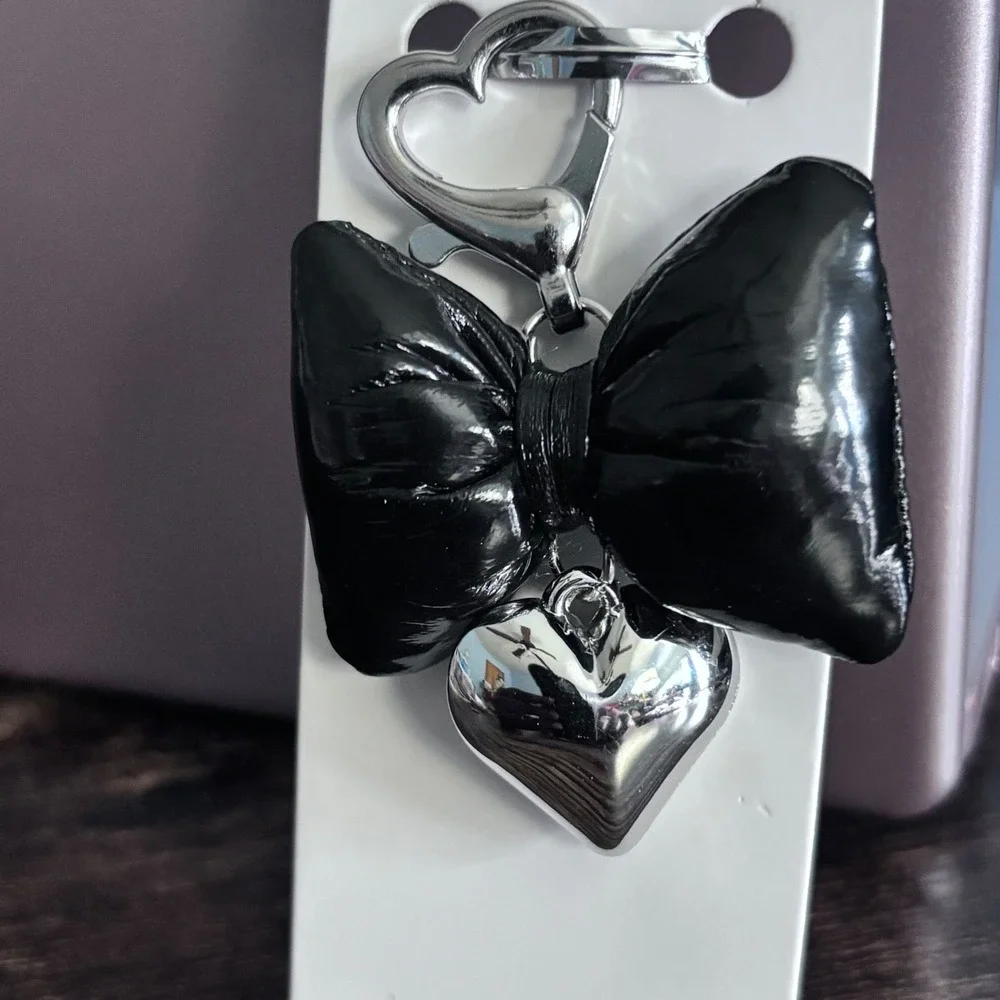 Mint Black Puffed Bow Bag Charm Silver Heart Dangle Keychain Accessory